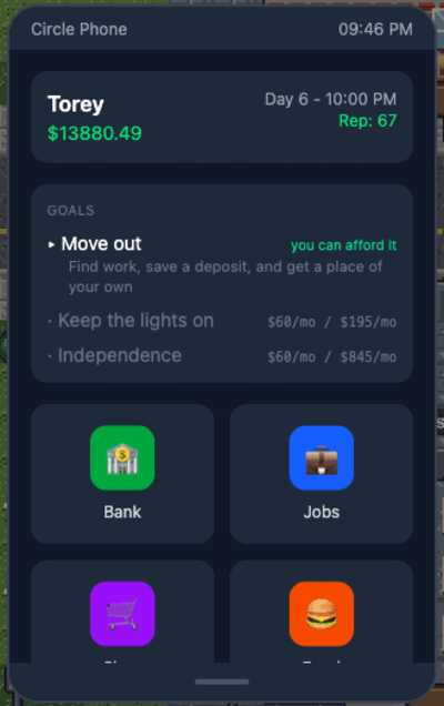 The in-game phone showing three goals — move out, keep the lights on, independence — above apps for the bank, jobs, shopping and food