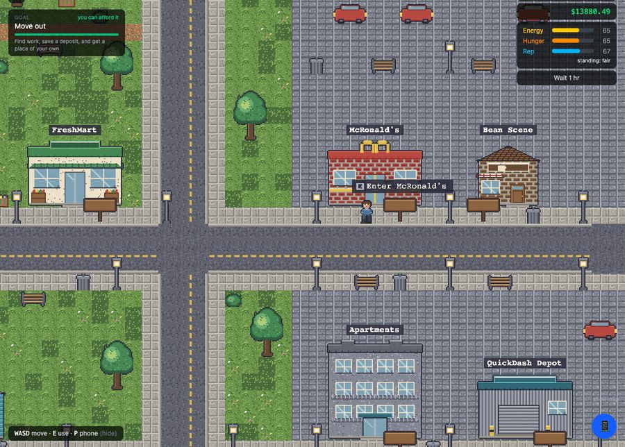 The town in pixel art: FreshMart, McRonald's and Bean Scene along a street, with the player standing outside McRonald's